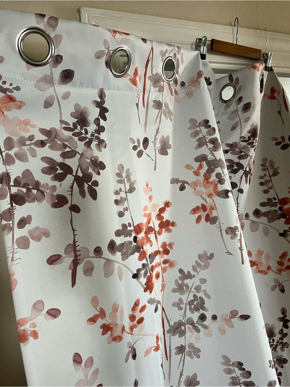 Floral Grommet Curtain - White with Coral & Taupe Botanical Print. 4 panels